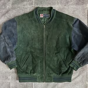 Men's Vintage 90's Free Country Forest Green Blue Suede Leather Bomber Jacket XL